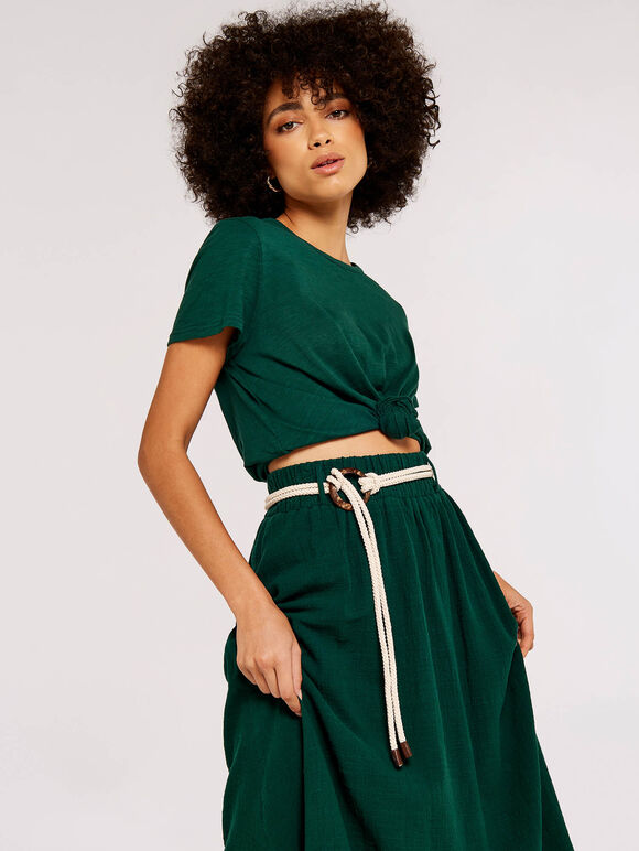 Rope Belt Cotton Midi Skirt, Green, large