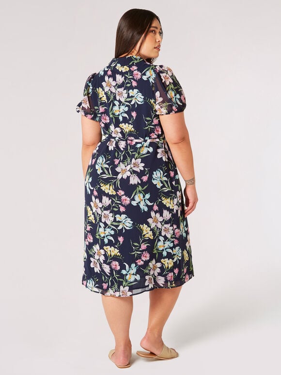 Curve Graphic Floral Shirt Midi Dress, Navy, large