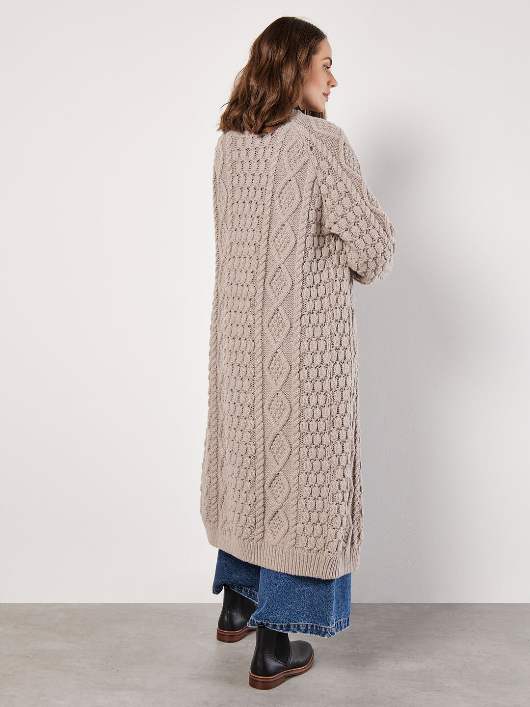Chunky Cable Knit Longline Cardigan Apricot Clothing