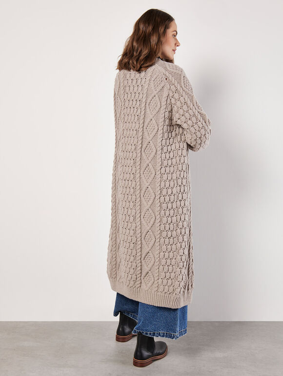 Chunky Cable Knit Longline Cardigan, Stone, large