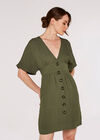 V-Neck Button Front Dress, Khaki, large