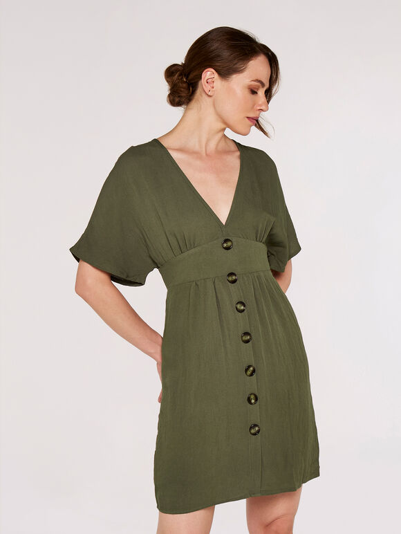 V-Neck Button Front Dress, Khaki, large