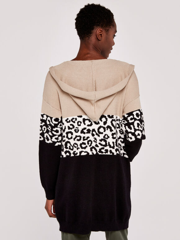 Animal Colour Block Hooded Cardi, Stone, large
