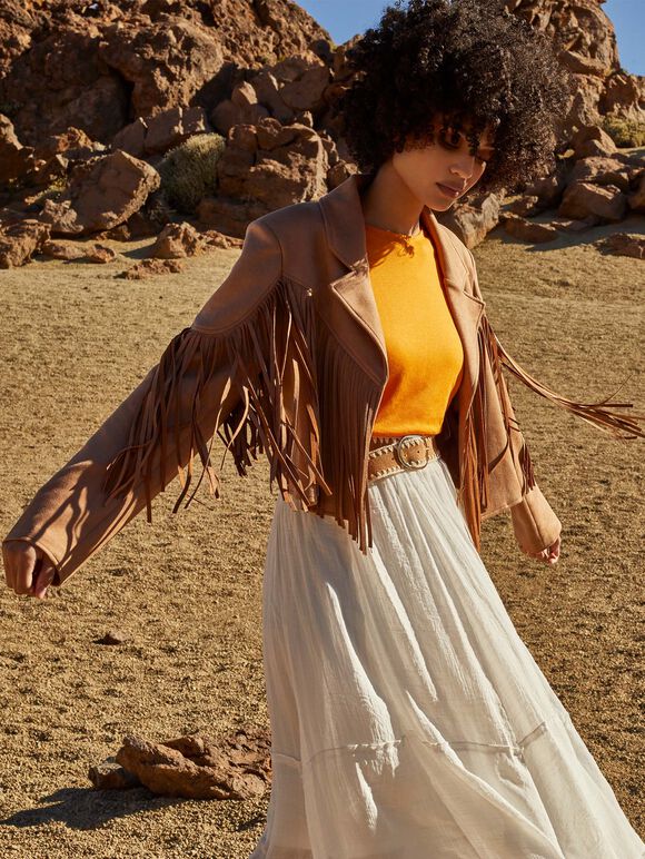 Fringed Suedette Jacket, Brown, large