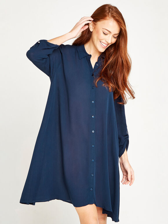 Crinkle Swing Shirt Dress, Navy, large