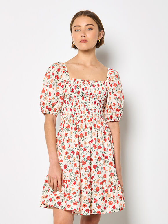 Floral Cotton Poplin Mini Dress, Cream, large