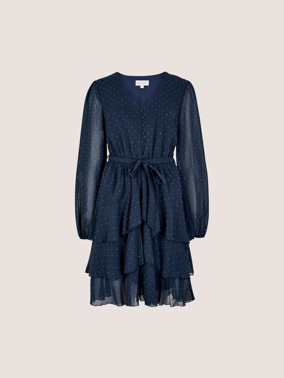 Diamante Embellished Chiffon Tiered Mini Dress, Navy, large