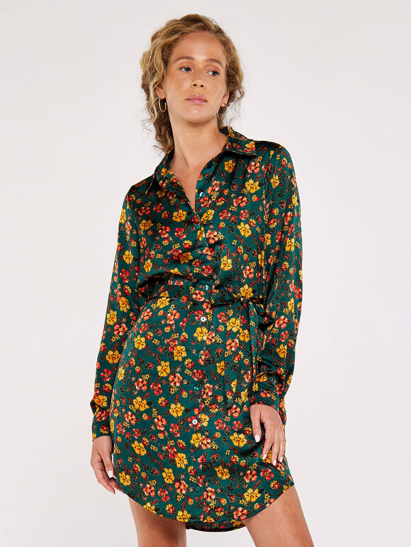 Floral Shirt Mini Dress, Green, large