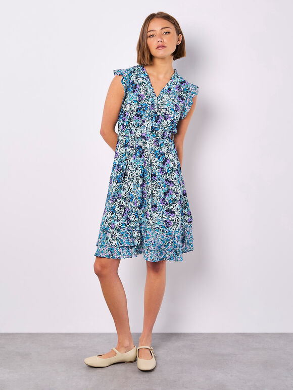 Ditsy Floral Ruffle Mini Dress, Blue, large