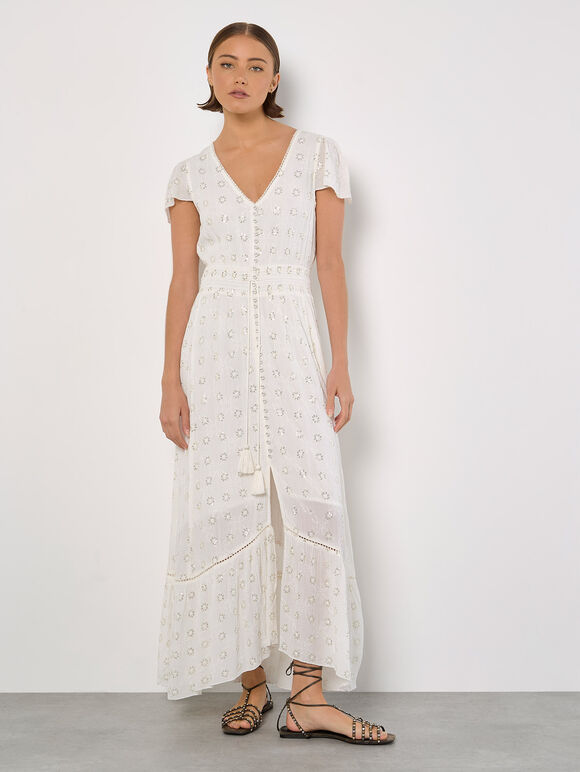 Embroidered Sequin Maxi Dress, White, large