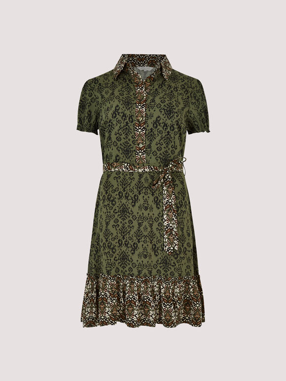 Ikat Tile Shirt Mini Dress, Khaki, large