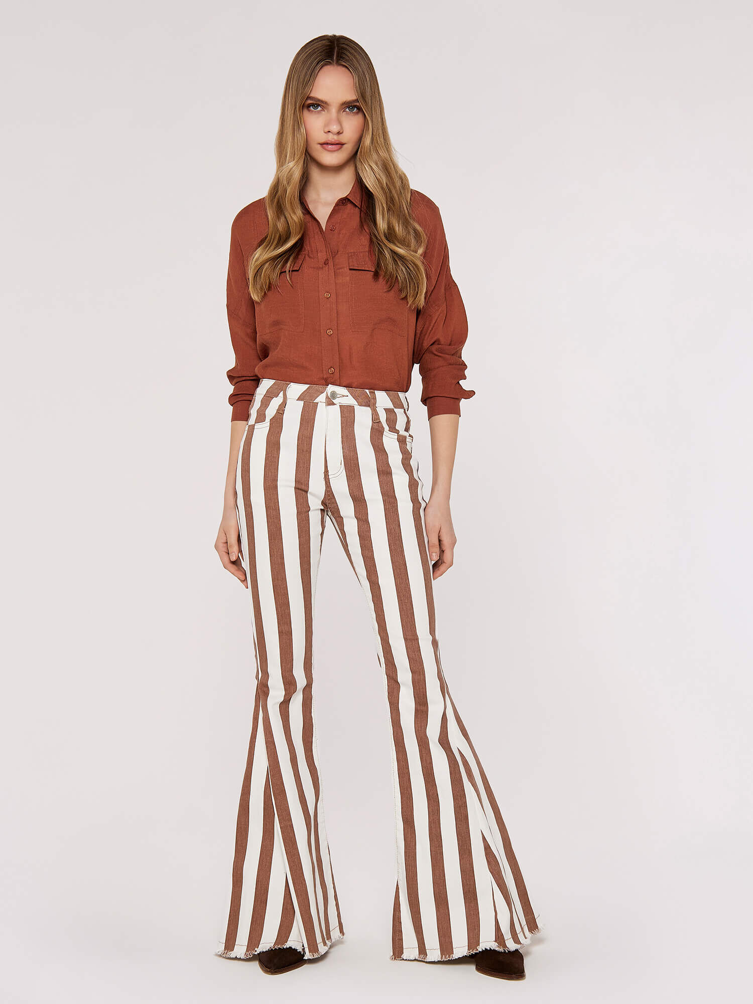 Stripe Flare Denim Jeans Apricot Clothing
