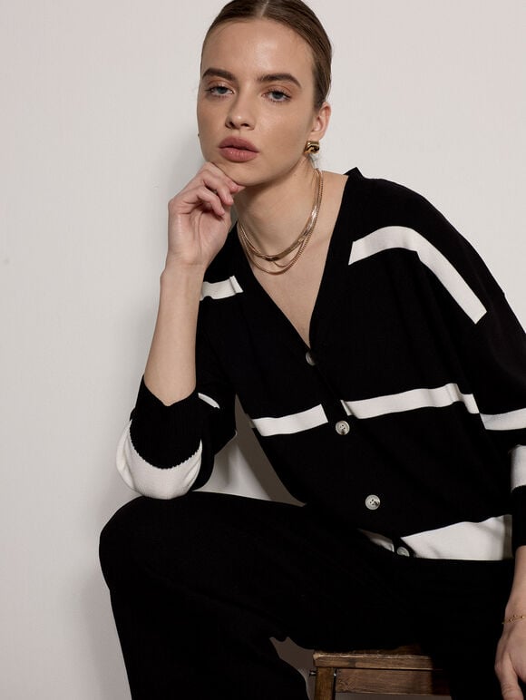 Monochrome Stripe Oversized Cardigan, Black, large