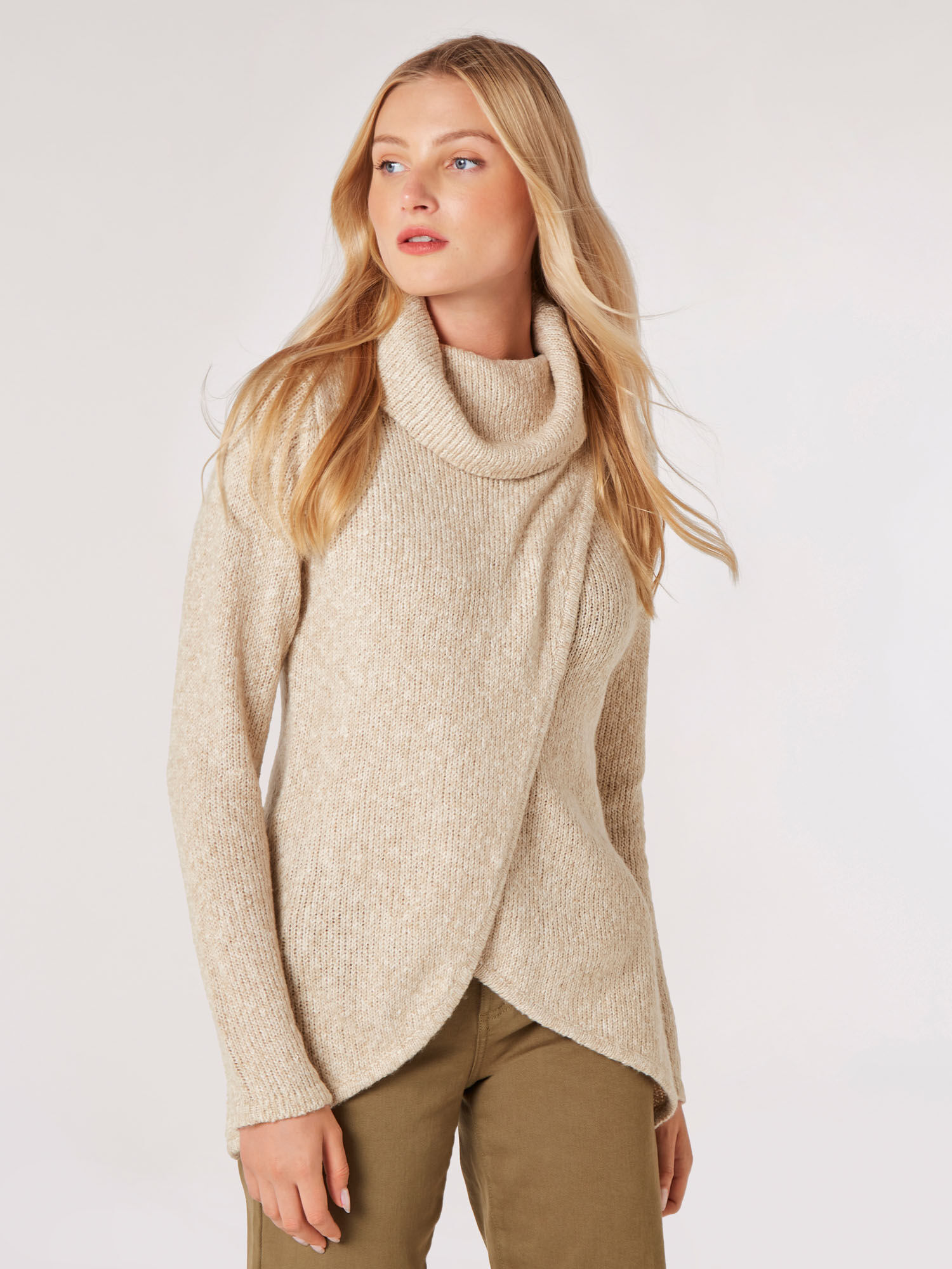 Roll Neck Slub Wrap Jumper Apricot Clothing