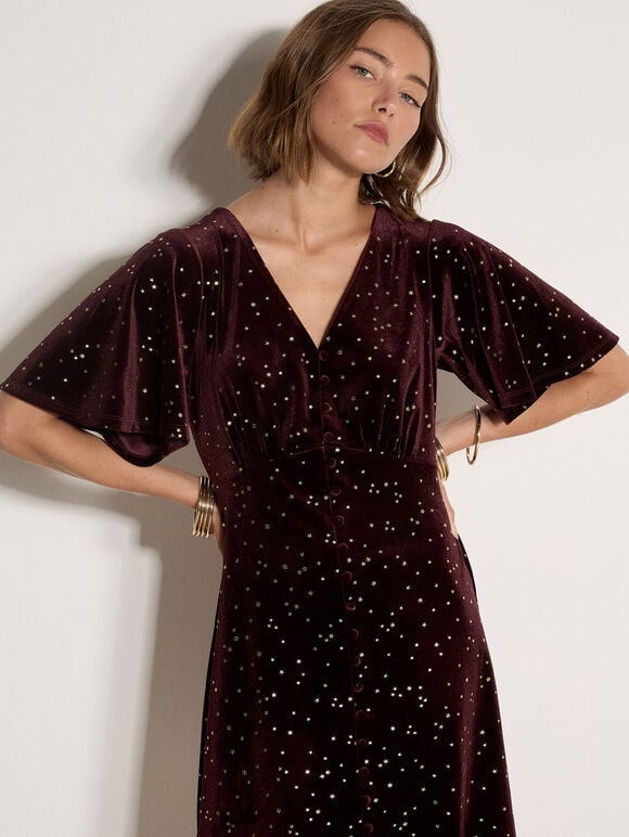 Silver Foil Star Velvet Mini Dress, Burgundy, large