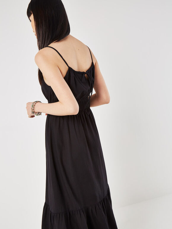 Drawstring Neck Smocked Midi Dress, Black, large