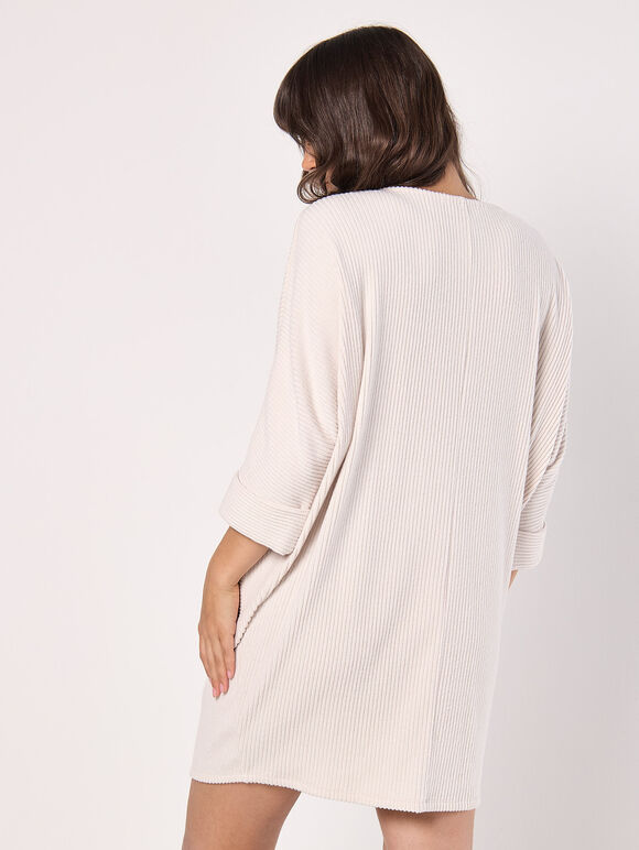 Ribbed Knit Cocoon Mini Dress, Stone, large