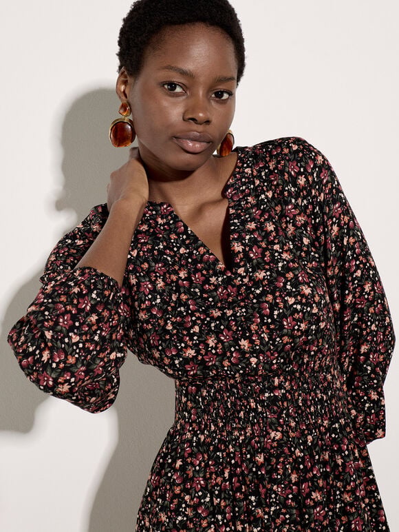 Ditsy Floral Crepe Midi Dress, Black, large