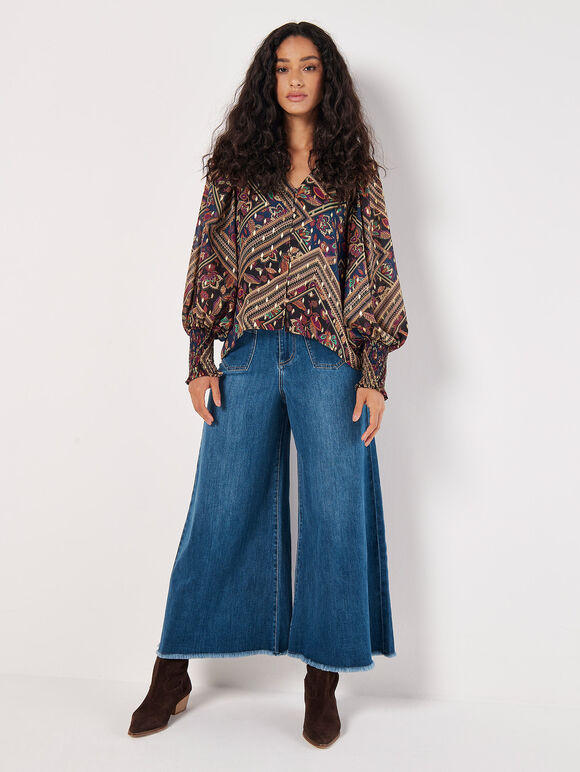 Gold Foil Floral Blouse, Navy, large