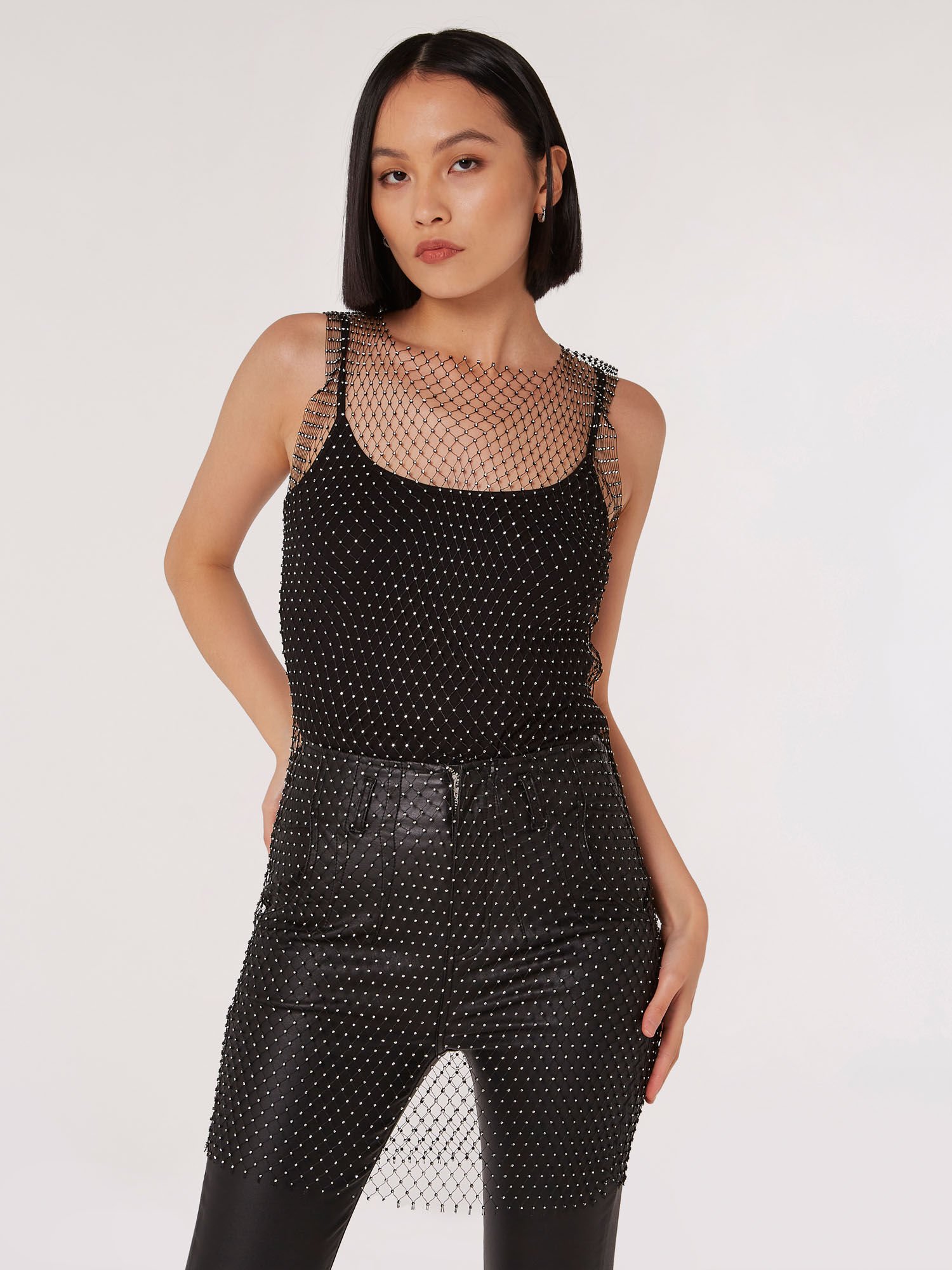 Rhinestone Mesh Mini Dress Apricot Clothing