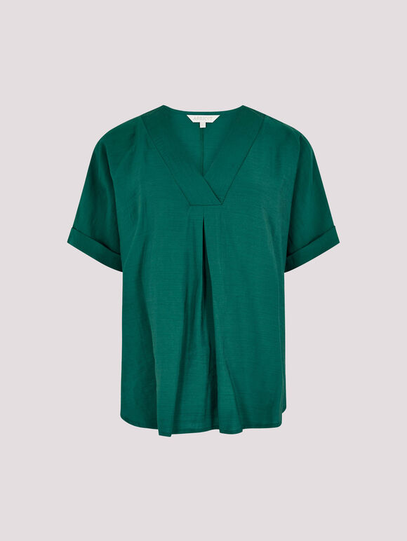 Pleat Detail V-Neck Top, Green, large