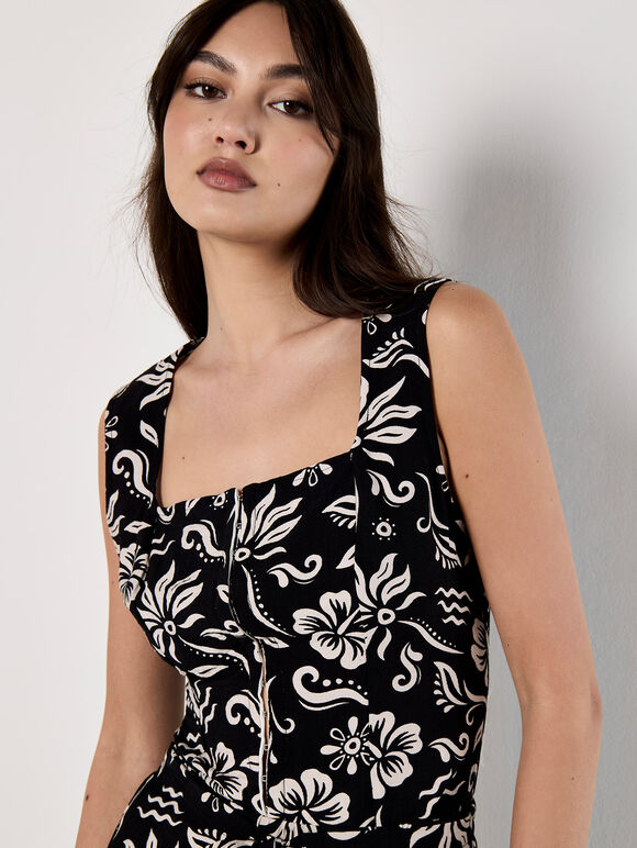 Tropical Print Corset Top, Black, large