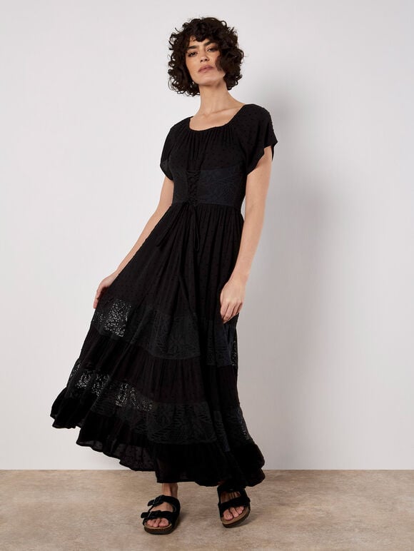 Lace Detail Corset Maxi Dress, Black, large