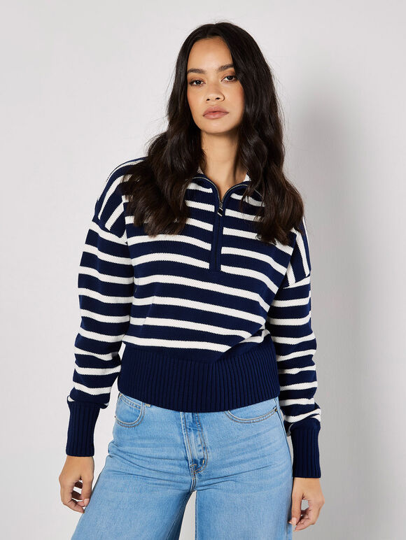 Zip Neck Stripe Jumper, Navy, large