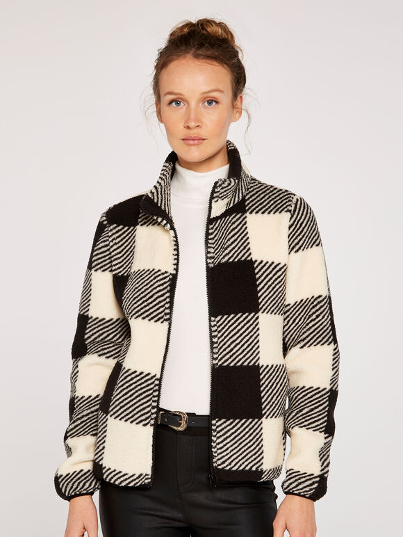 Gingham Check Fleeced Jacket, Black, large