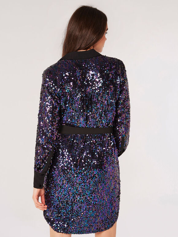 Sequin Shirt Mini Dress, Black, large