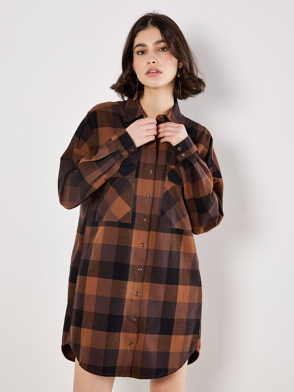 Oversized Check Shirt Mini Dress, Brown, large