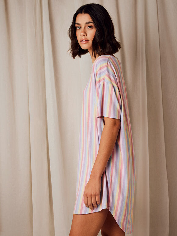 Rainbow Stripe Tee Night Dress, Pink, large
