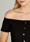 Button Down Ribbed Bardot Dress, Black, large