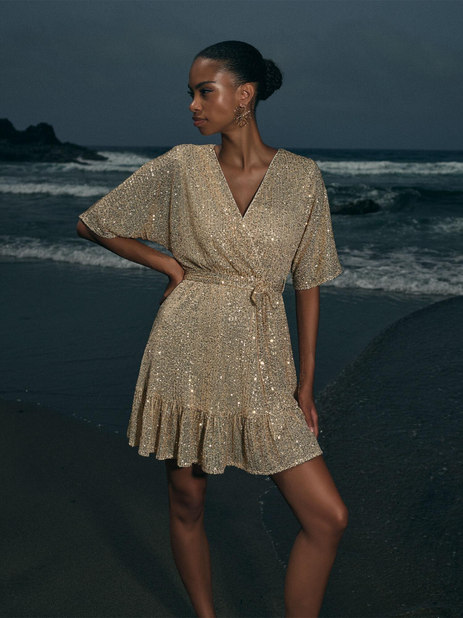 Gold Sequin Wrap Mini Dress Apricot Clothing