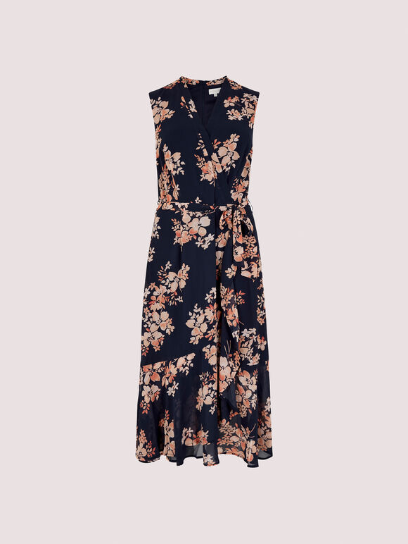 Graphic Floral Wrap Dress, Navy, large