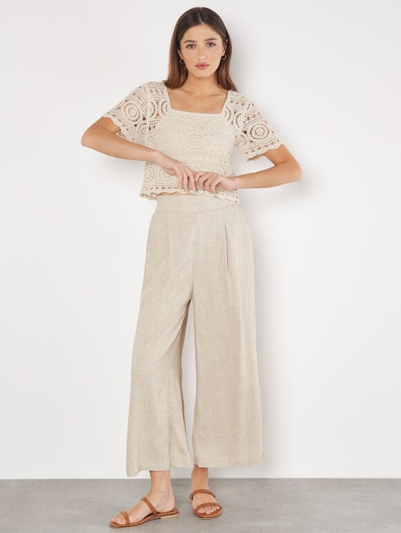 Linen Blend Cropped Palazzo Trousers, Stone, large