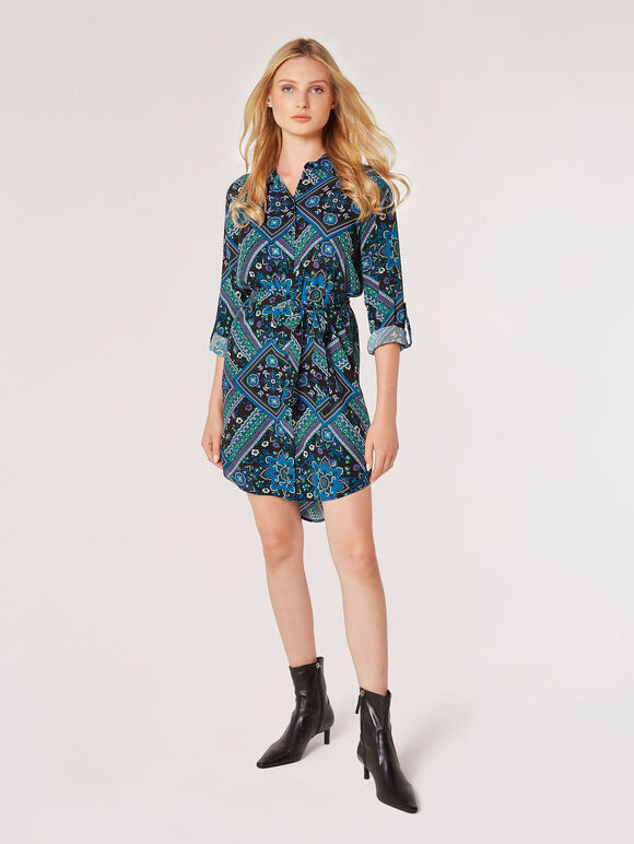 Scarf Print Shirt Mini Dress, Blue, large