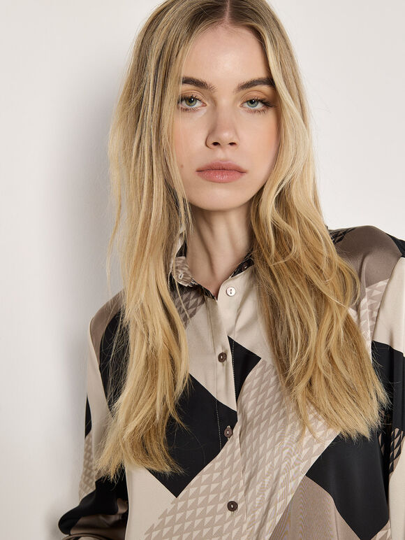 Geo Print Satin Shirt, Stone, large