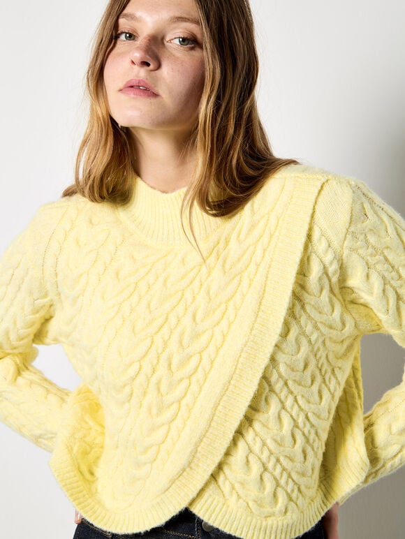 Cable Knit Wrap Jumper, Yellow, large