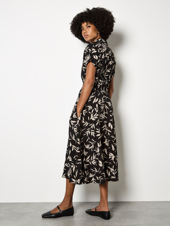Textured Leaf Shirt Midi Dress, Black, large