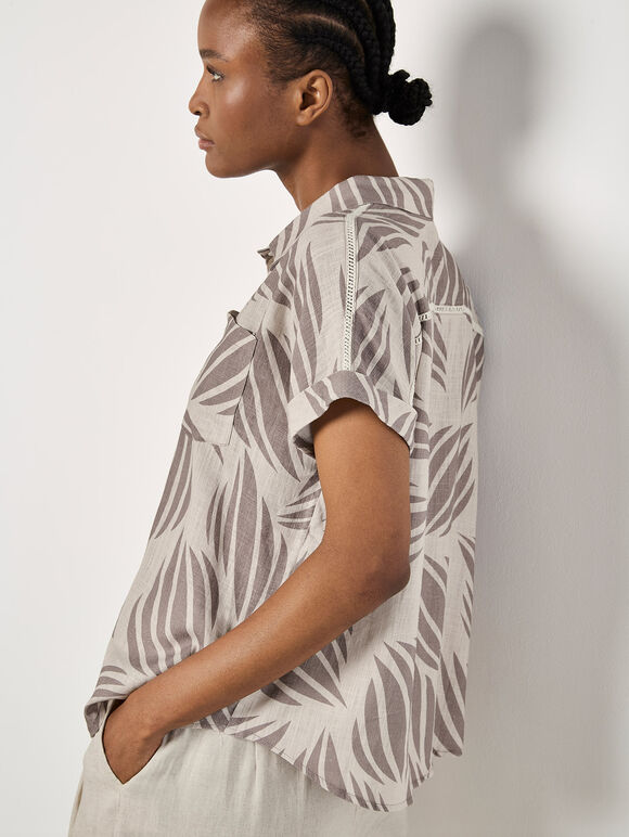 Linen Blend Shell Print Shirt, Stone, large