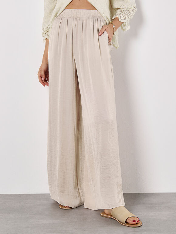 Textured Satin Wide Leg Trousers, Stone, large