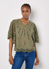 Embroidered Cotton Mesh Top, Khaki, large