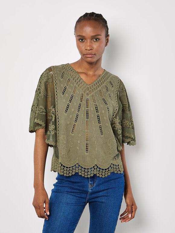Embroidered Cotton Mesh Top, Khaki, large