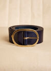 Thin Leather Gold Buckle Belt, Navy, large