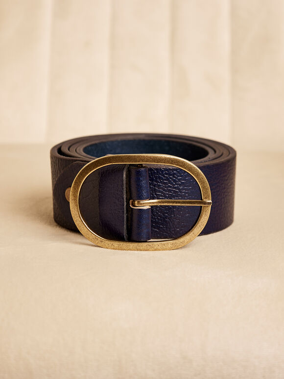 Thin Leather Gold Buckle Belt, Navy, large
