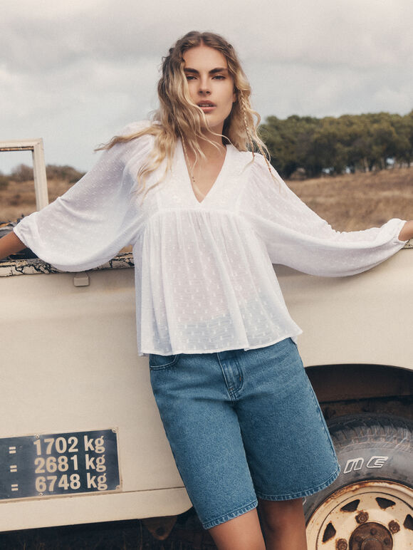 Dobby Bead Embellished Empire Top, White, large