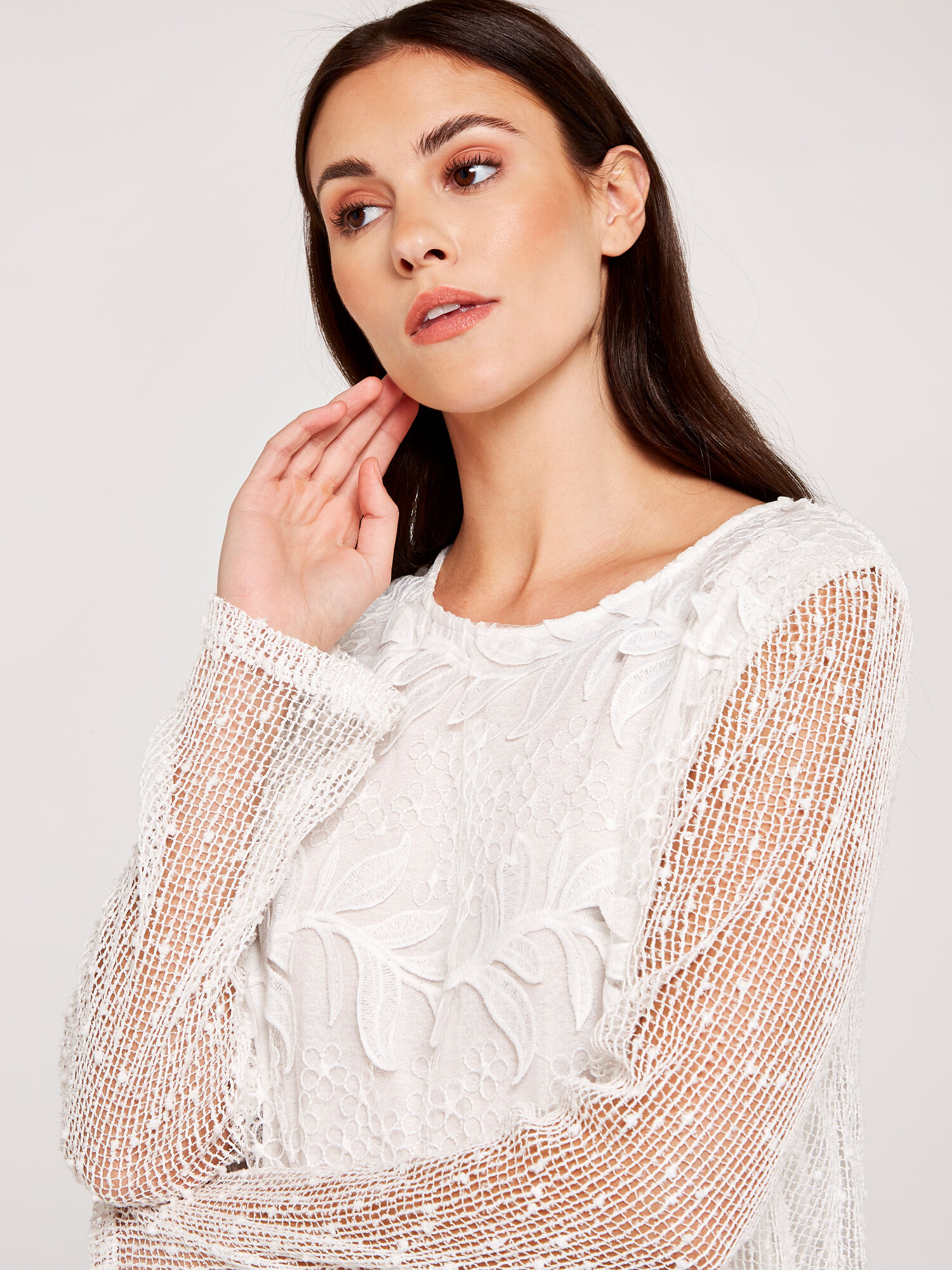 Lace Top with Mesh Sleeve Top | Apricot Clothing