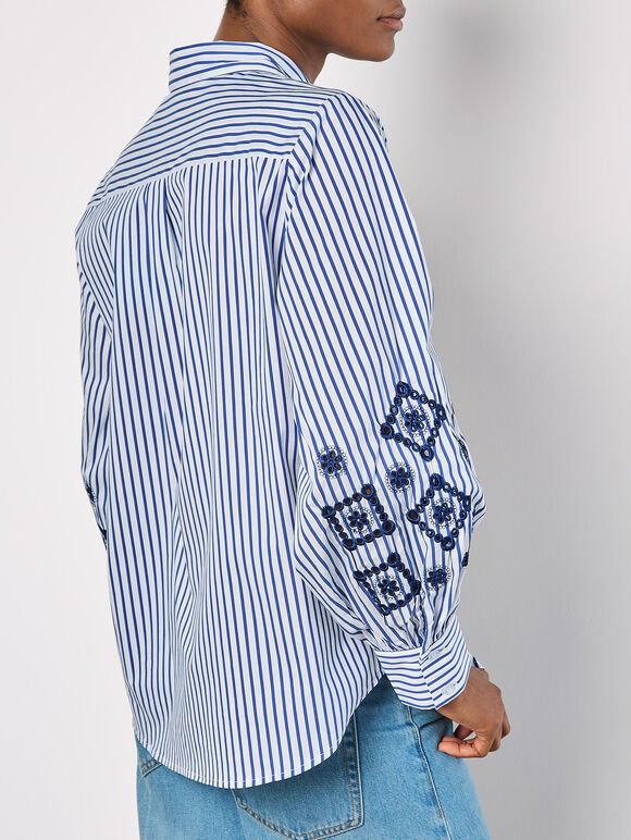 Embroidered Sleeves Stripe Shirt, Blue, large