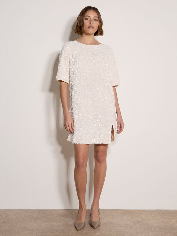 Sequin Embellished Mini Dress, White, large